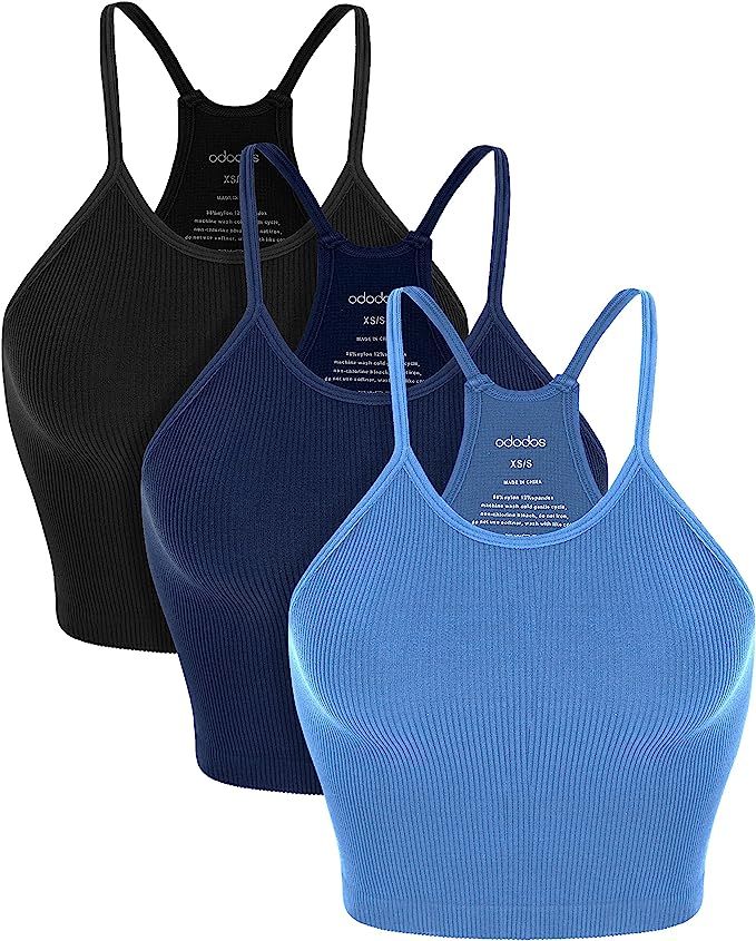 ODODOS Women's Crop 3-Pack Washed Seamless Rib-Knit Camisole Crop Tank Top | Amazon (US)