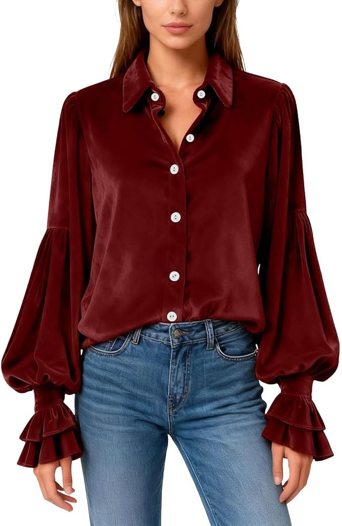 Womens Velvet Shirts Long Sleeve Button Down Shirt Retro Blouse Lapel Tunic Tops Ruffle Sleeve Pl... | Amazon (US)