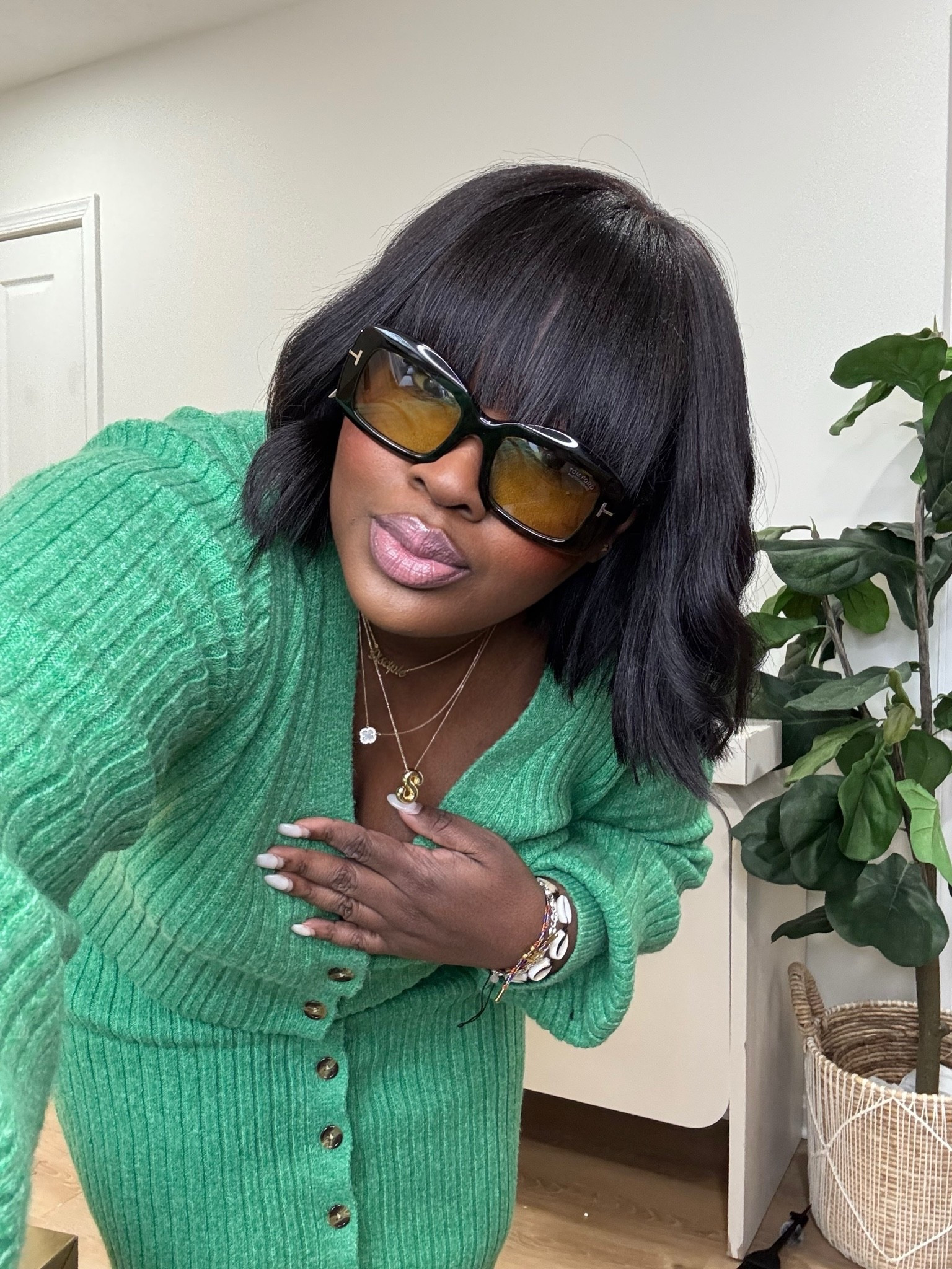 A good pair of sunglasses can completely change how an outfit feels. These oversized square sunglasses bring structure and attitude to a soft green cardigan, making the whole look feel more intentional. fall outfit ideas, green cardigan outfit, oversized sunglasses outfit, square sunglasses women, casual chic fall outfit, cozy sweater outfit, women's fall fashion @amazonfindsandfashion @Walmart @Wayfair
