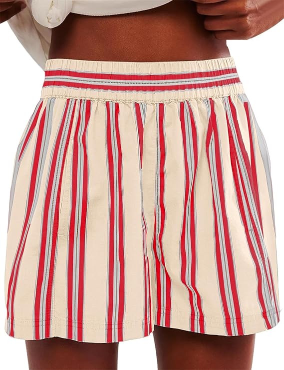 Women Striped Boxer Shorts Elastic High Rise Pajama Bottoms Shorts Casual Lounge Shorts with Pock... | Amazon (US)