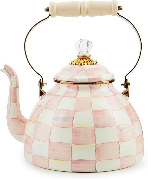 MACKENZIE-CHILDS Enamel Tea Kettle, Stylish Tea Kettle for Stovetop, Pink-and-White Rosy Check, 3... | Amazon (US)