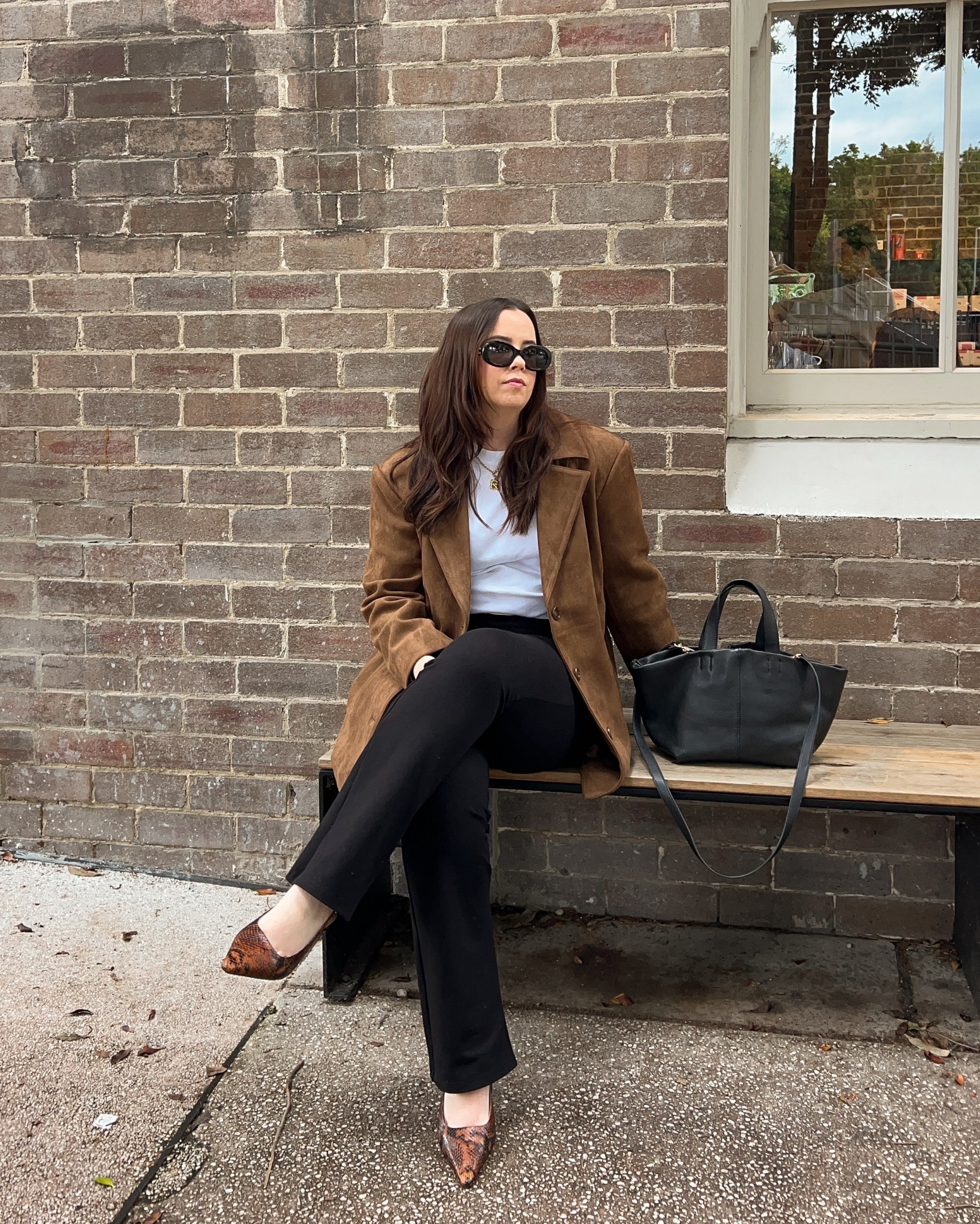 Naked Vice brown suede jacket (can’t link here, found similarly priced options)
Ena Pelly ponte pants: size 14
Uniqlo white tee: size XL
Wittner snakeskin heels
Celine sunglasses 

#LTKautumn #LTKaustralia #LTKmidsize