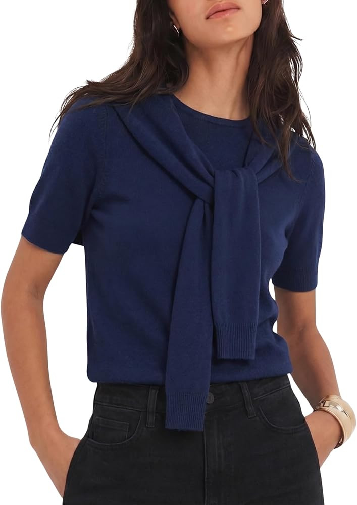EsheSy Women's Shawl Knit Top Crewneck Short Sleeves Cropped Pullover Trendy Casual Easy to Match... | Amazon (US)