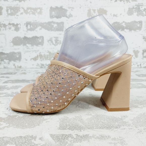 New Open Edit Sienna Tan Block Heel Embellished Mesh Slide Sandals M142 | Poshmark