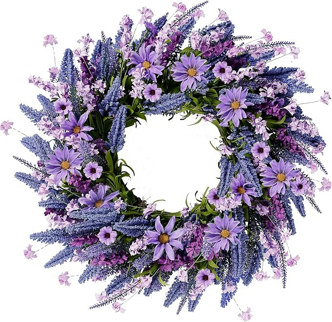 Sggvecsy Lavender Wreath for Front Door 22 Inch - Purple Daisy Spring Summer Artificial Wild Flow... | Amazon (US)