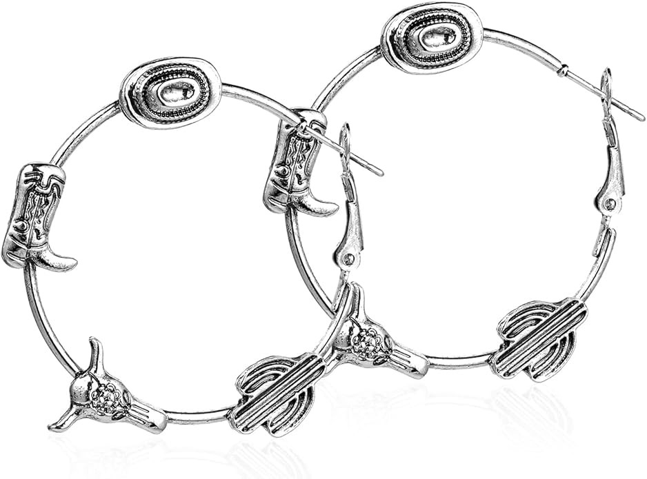 Retro Western Hoop Earrings Boho Cowboy Cowgirl Boot Hat Dangle Earrings Bull Head Cactus Drop Ea... | Amazon (US)