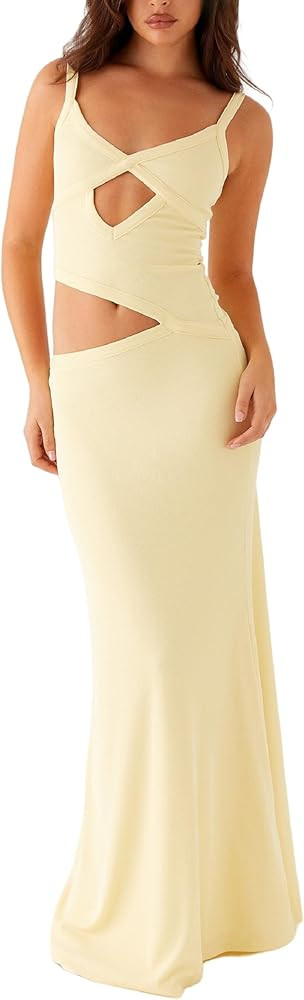 NUFIWI Women Bodycon Spaghetti Strap Cutout Maxi Dress Hollow Sexy Fitted Dresses Sleeveless Stre... | Amazon (US)