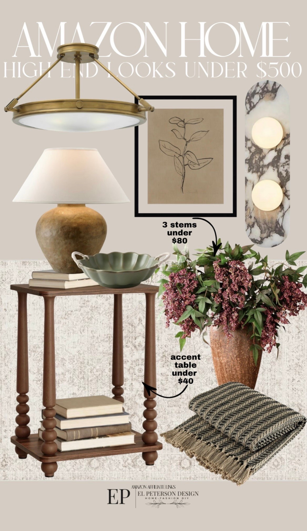 Amazon 
Table
Lamp
Vase
Blanket
End table
Bowl 
Wall sconce
Artwork

#LTKHome