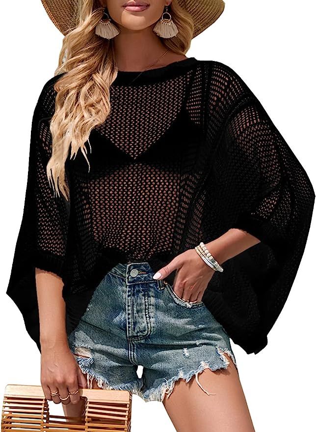 QIUYEJUO Women Oversized Summer Pullover Sweaters Crochet Batwing Shirts Knit Tunic Tops | Amazon (US)