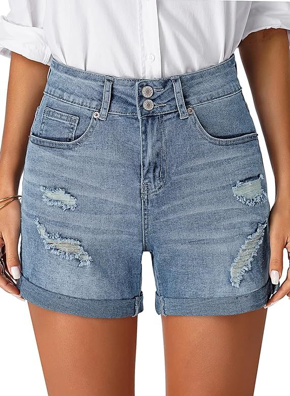 LookbookStore Women's High Waist Ripped Denim Shorts Rolled Hem Distressed Stretch Jeans | Amazon (US)
