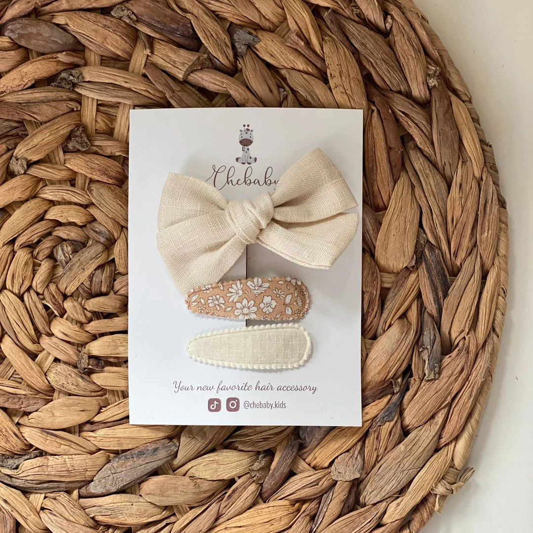 Snap Fabric Hair Clip Barrettes | Bow Set, Toddler, Neutral Hair Accessory; Birthday, Holiday, Pa... | Etsy (US)