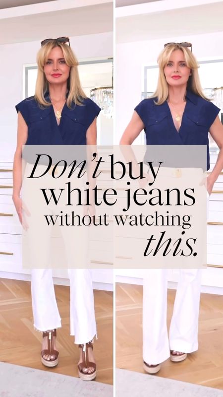 White jeans are a spring / summer wardrobe STAPLE, but finding the right pair can be tricky... These gorgeous white jeans from @saks work flawlessly to slim and elongate your legs! #saks #sakspartner

Because white jeans are lighter and less forgiving than darker denim, they often make you look larger and shorter than you are... the two things no woman wants! SO in order to look as long and slim as possible, these are the 3 KEY things to look for in your white jeans...

1 | Opt for a high-rise - Anything 9" or more is considered high-rise. Ideally, the waistline should sit around your belly button or higher. This creates the illusion of more leg, elongating your frame.
2 | Choose a wider leg to cover your shoes - A wider pant leg will flare out to cover heels/wedges, in turn creating a longer leg line. With the right shoe, you can add up to 6" to your leg line! 
3 | Highlight your waist - Tucking your top and adding a belt are two ways to easily accentuate your waist. By highlighting your waist, you help to create the ideal proportions to elongate your legs. If you're wearing a blazer or jacket, be sure to wear it open, or choose a cropped jacket. 

To shop these beautiful and ultra-flattering summer basics, comment "WHITE JEANS" and I'll send you a DM with a link to shop my head-to-toe look! And if you have any style questions about white jeans or dressing for summer, be sure to drop those in the comments as well... Your question might inspire my next video! 

~Erin xo 

#LTKSeasonal #LTKOver40 #LTKStyleTip