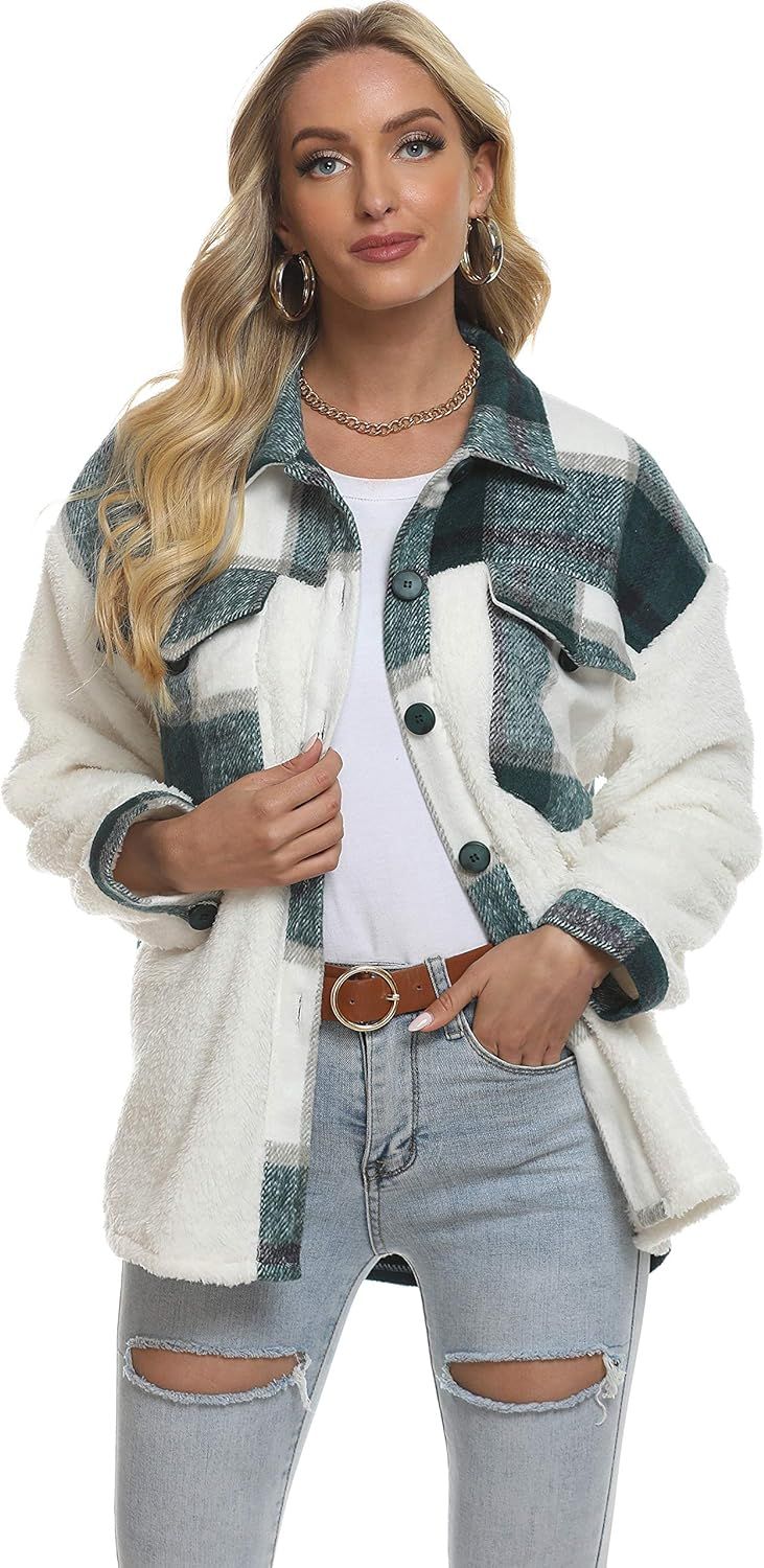 Tanming Women's Plaid Brushed Flannel Shacket Sherpa Patchwork Button Down Shirt | Amazon (US)