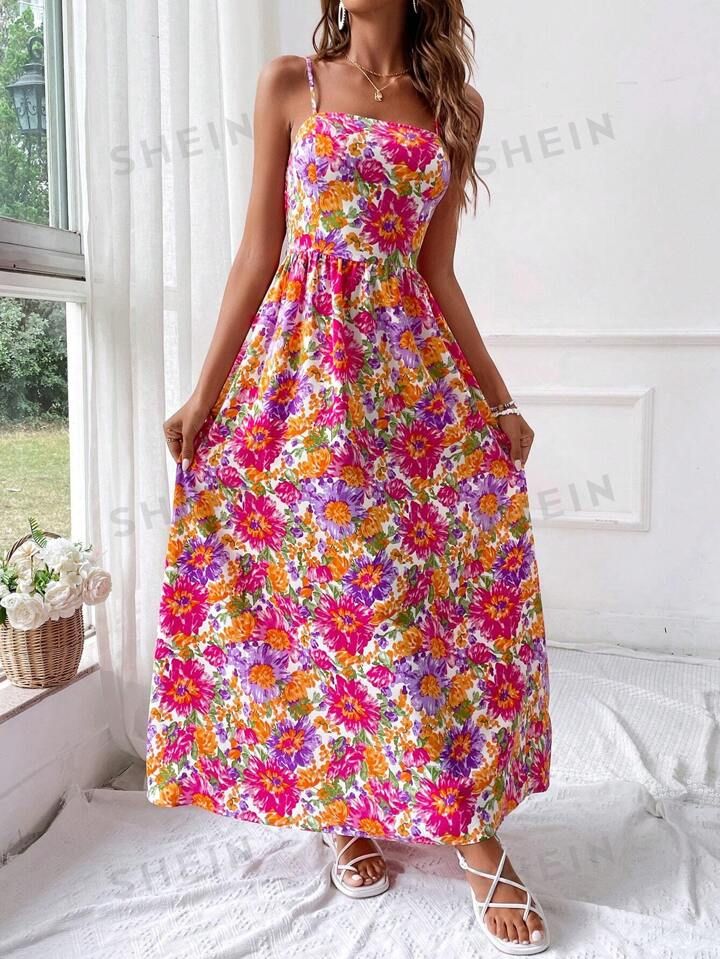 SHEIN VCAY Women's Waist-Cinched Floral Printed Spaghetti Straps Dress | SHEIN