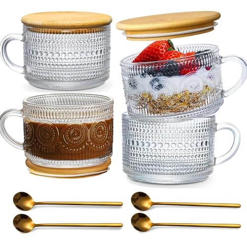 MHDCLY Vintage Coffee Mugs, 14oz Overnight Oats Containers With Lids, 4pack Coffee Bar Accessories, Kitchen Gifts, Tea Cup, House Warming Gifts New Home | Amazon (US)