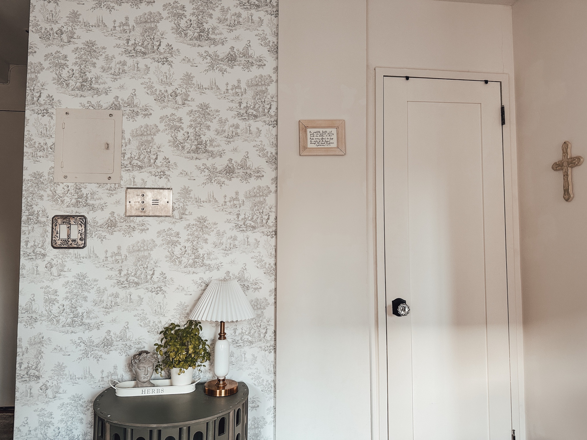 Love how this accent wall turned out in our NYC apt with removable toile patterned wallpaper! 🤍

Lamp is from BulbSquare & is the Retro Pleated Shade Column Base 1-Light Table Lamp

#LTKhome