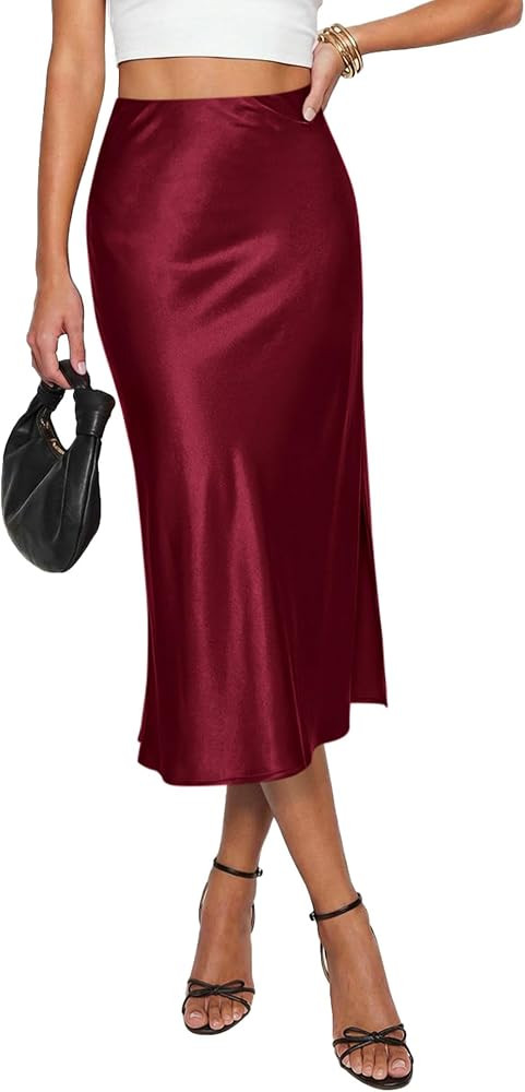 PRETTYGARDEN Womens Satin Skirt Silk Slip Midi Work Skirts | Amazon (US)