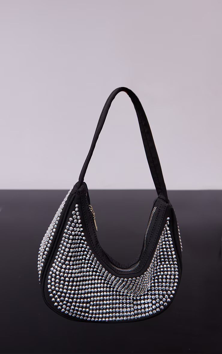 Black Diamante Stud Curved Shoulder Bag | PrettyLittleThing US