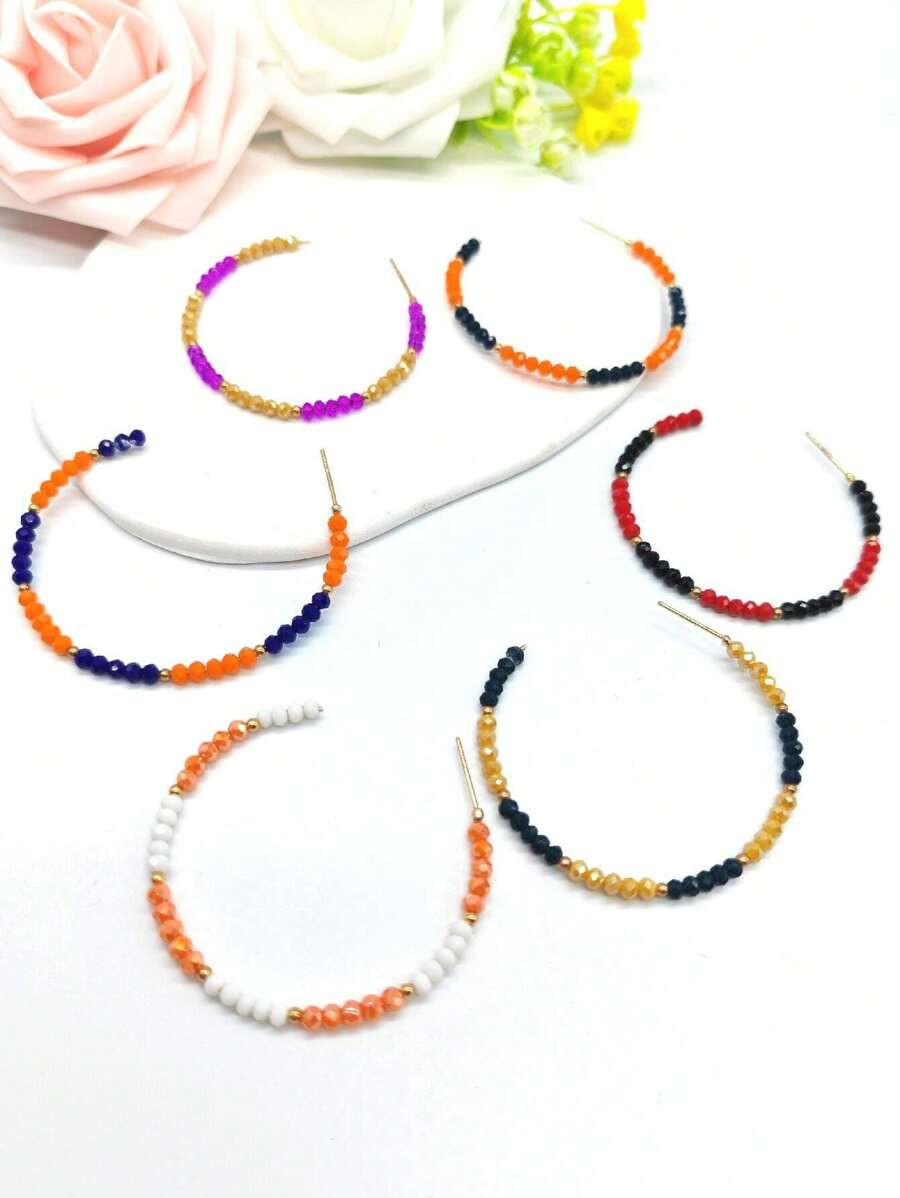 Minimalist Crystal Beaded Hoop Earrings, 4.5cm Diameter, Fashionable Women's Daily Wear | SHEIN