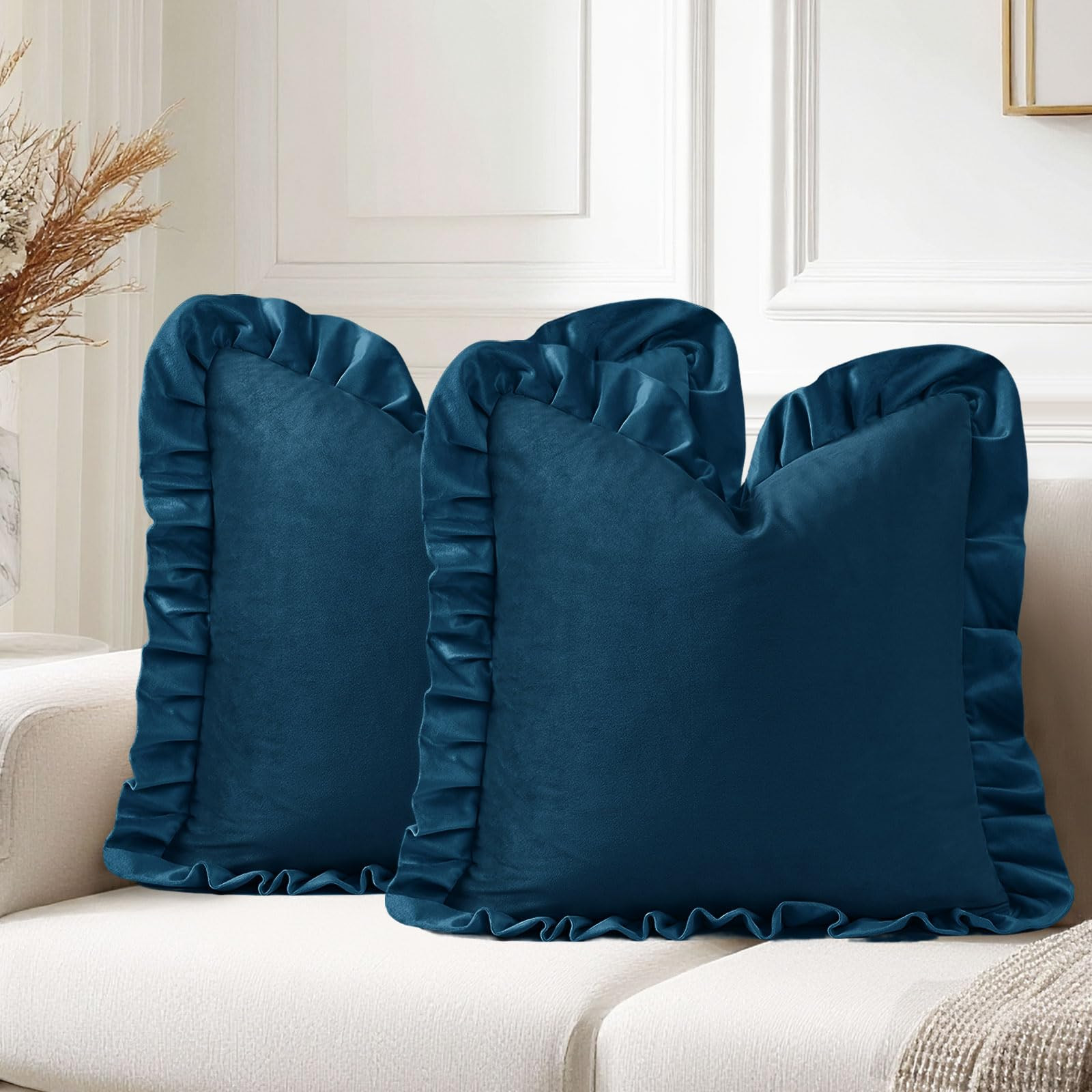 JIUZHEN Navy Blue Throw Pillow Covers with Ruffles, Velvet Decorative Square Throw Pillow Covers ... | Amazon (US)