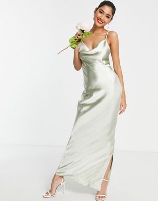 ASOS DESIGN Bridesmaid cami maxi slip dress in high shine satin with lace up back in sage | ASOS | ASOS (Global)