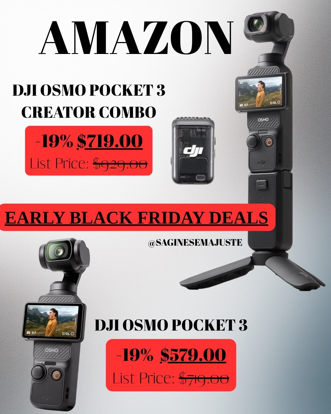 AMAZON - Early Black Friday✨ 

Get the DJI OSMO Pocket 3 or the Creator Combo at a discount. The Pocket 3 is a compact, handheld camera ideal for bloggers and travellers while the Creator Combo includes extras like a wireless mic and wide-angle lens for more creative options. These offers make high quality content creation affordable. 
DON’T MISS OUT!!!

#LTKsale #LTKgiftguide