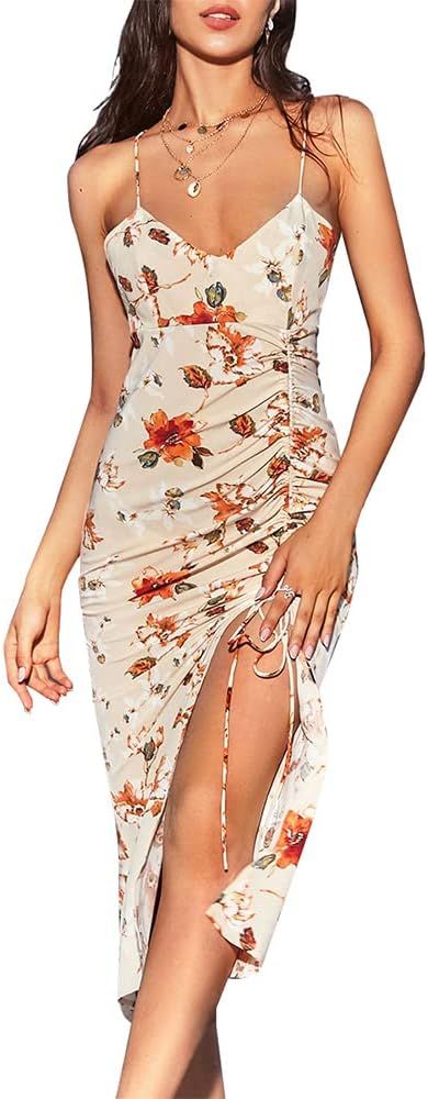 ZAFUL Women's Sleeveless Spaghetti Straps Floral Print Side High Split Self Tie Ruffled Dress | Amazon (US)