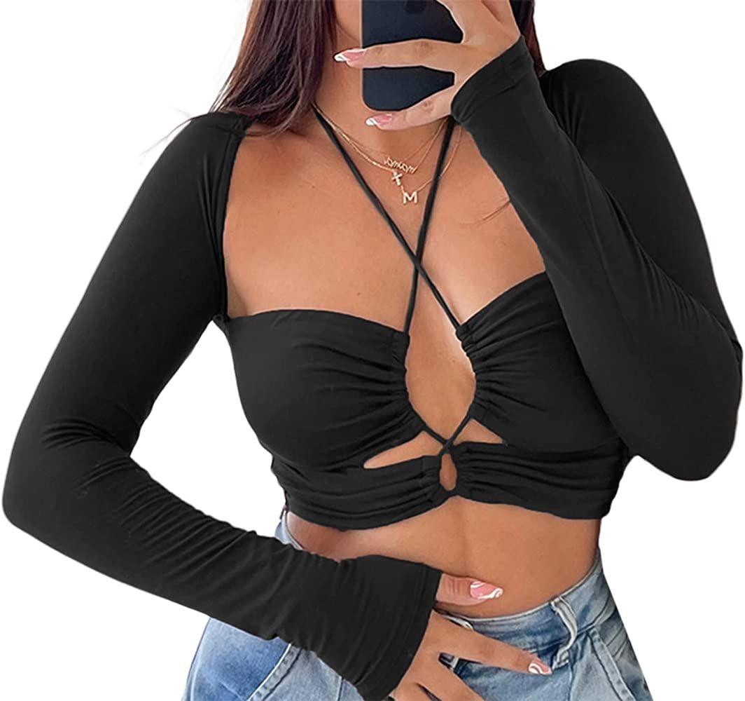 Avanova Women's Sexy Halter Crisscross Long Sleeve Crop Top Ruched Cutout T Shirt | Amazon (US)