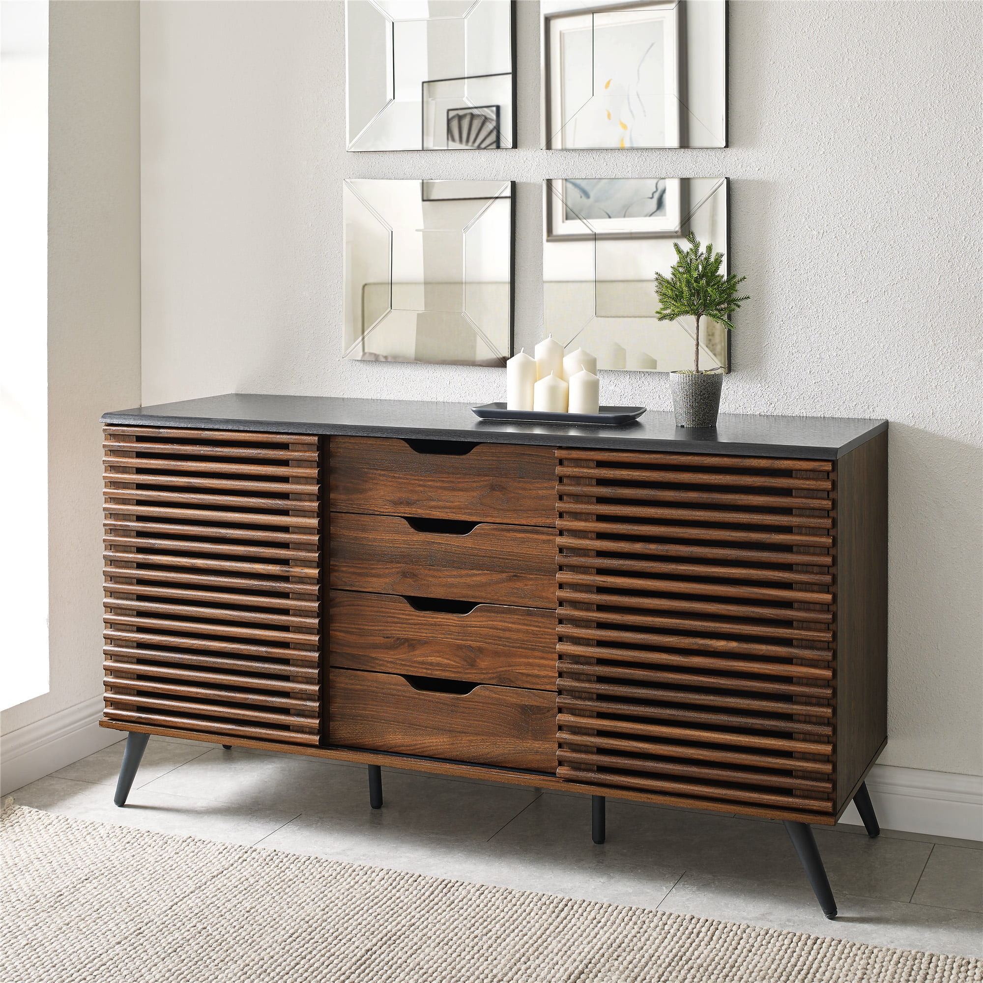 Walker Edison Modern Two Toned Sliding Slat Door Sideboard, Ebony/Dark Walnut | Walmart (US)