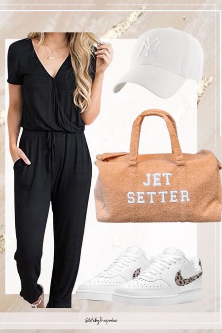 Travel outfit with a black jumpsuit, travel duffel bag, white baseball hat and Nike sneakers

//Spring outfits 2024, Amazon outfit ideas, casual outfit ideas, casual fashion, amazon fashion, amazon casual outfit, cute casual outfit, outfit inspo, outfits amazon, outfit ideas, Womens shoes, amazon shoes, Amazon bag, purse, size 4-6, early spring outfits, winter to spring transition outfit, travel ouffits, travel bag, vacation, spring break #ltkfindsunder100 #ltkitbag #ltkshoecrush 

#LTKfindsunder50 #LTKstyletip #LTKtravel