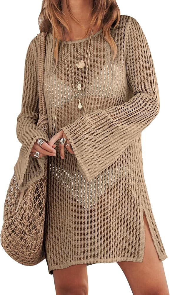 ANRABESS Women Swimsuit Swim Coverup 2024 Long Sleeve Mini Crochet Pool Bathing Suit Swimwear Mes... | Amazon (US)