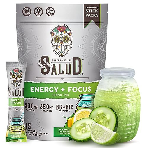 Salud 2-in-1 Energy Drink Powder + Focus, Cucumber Lime, Organic Caffeine, B6 + B12, Theanine, Clean Energy Drink Packets, Agua Fresca Mix, Non-GMO, Gluten Free, Vegan, 1g of Sugar, (15 Servings) | Amazon (US)