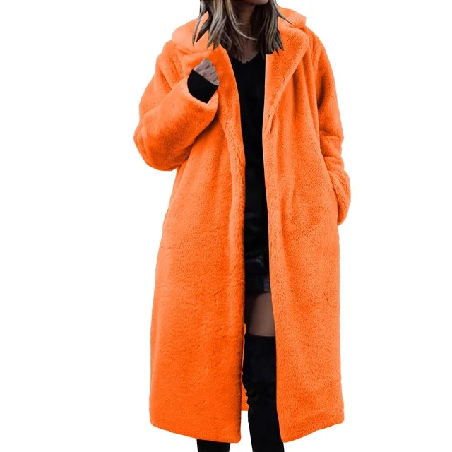 Womens Winter Warm Lapel Fuzzy Coat Jacket Overcoat Spliced Mid Length Coat Suit Collar Orange Wo... | Walmart (US)