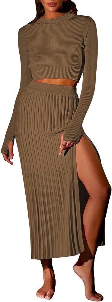 Women's 2 Piece Sweater Outfits Set Long Sleeve Crop Top Ribbed Split Bodycon Midi Long Skirt Kni... | Amazon (US)