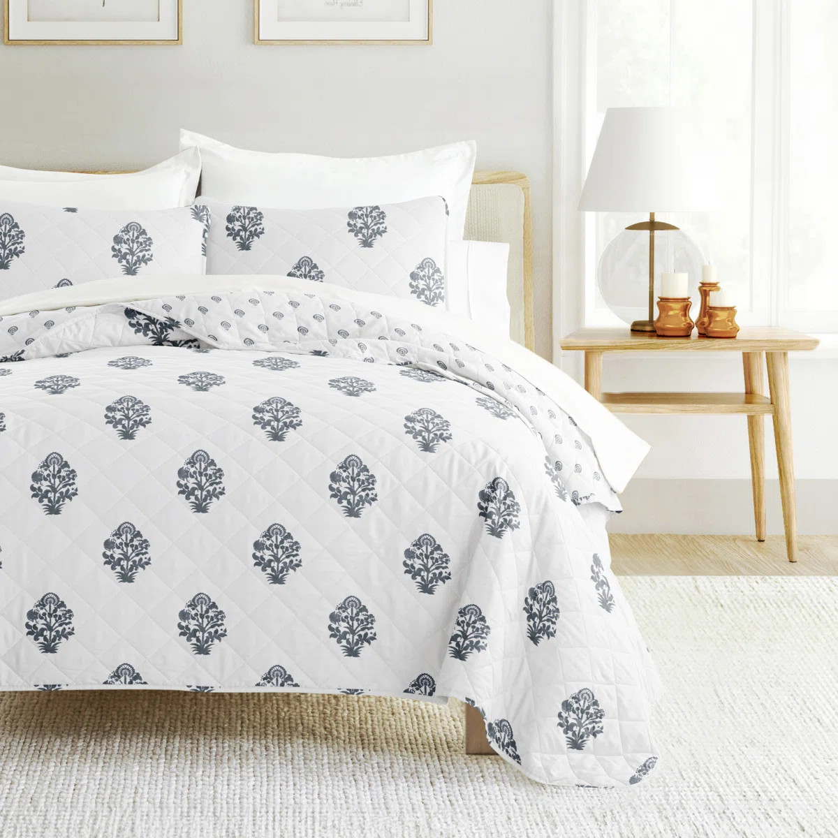 Quilt Set - Lightweight - All Season Quilted Coverlet -Stamped Bloom Dusk Blue | Wayfair North America