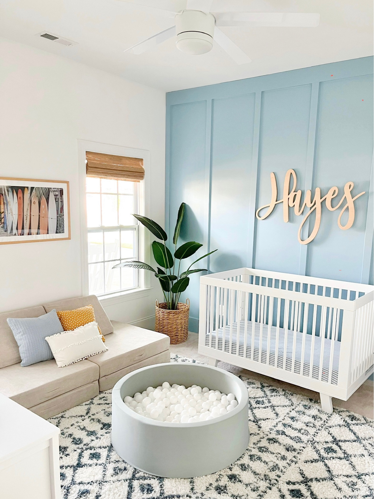 boy nursery inspo, coastal nursery, surf theme, nursery decor boy, toddler room, blue nursery, nursery rug, convertible crib

Hayes name sign above crib is the 42” option :) 

#LTKkids #LTKbaby #LTKhome