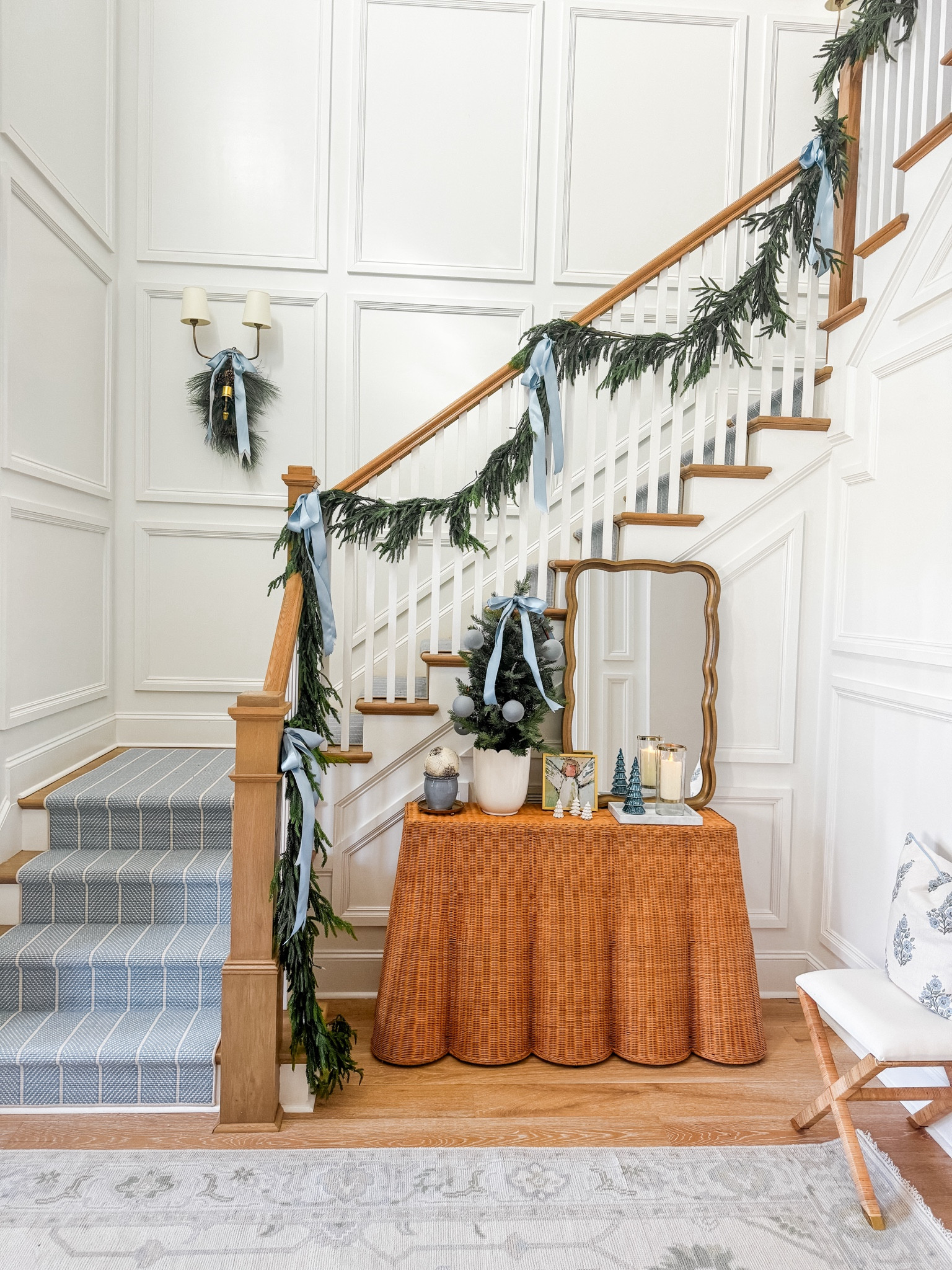 Classic coastal foyer 

Stair runner is Masland carpet - Everest in Powder Blue 

Foyer rug is DFW Textiles

#LTKHome