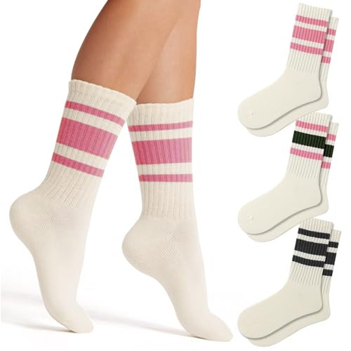 Fszsaa Women's Fun Novelty Striped Retro Crew Socks - Sporty Calf Socks in Casual Cotton | Amazon (US)