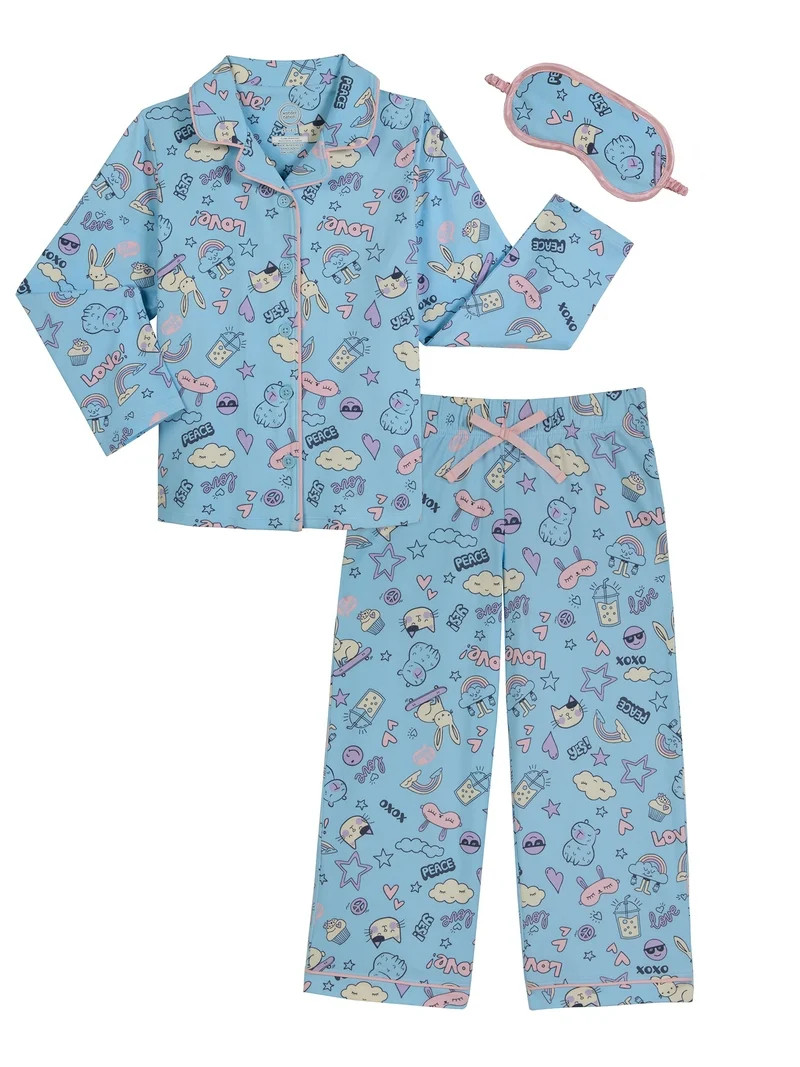 Wonder Nation Girls Button Front Long Sleeve Top & Pant Pajama Set with an Eyemask, 3-Piece, Size... | Walmart (US)