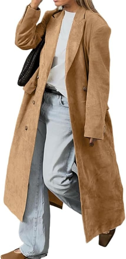 IDEALSANXUN Suede Trench Coat Women Fall Winter Long Faux Double Breasted Jacket Pea Coat Overcoa... | Amazon (US)