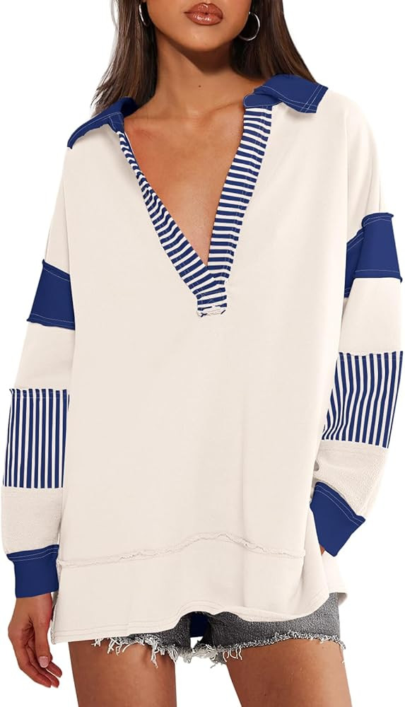 SENSERISE Womens Oversized Striped Shirt Long Sleeve Color Block Tops Casual V Neck Polo Shirts P... | Amazon (US)