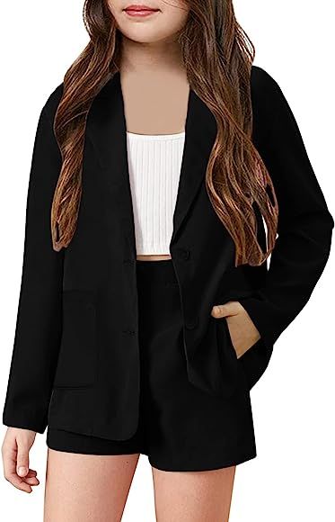 Amazon.com: goforparis Girls Blazers Button Down Long Sleeve Open Front with Pockets Jackets Oute... | Amazon (US)