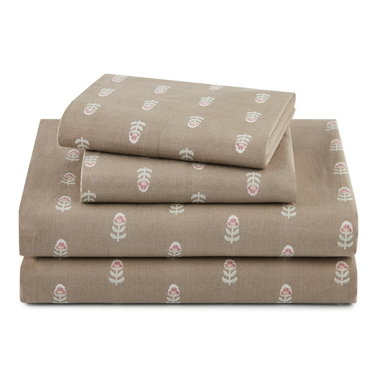 Beautiful Signature Floral 4-Piece 100% Cotton Washed Percale Fawn Sheet Set, King by Drew Barrym... | Walmart (US)