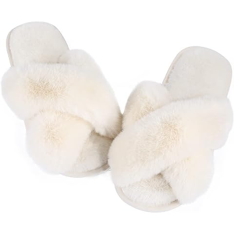Amazon.com | Comwarm Women's Cross Band Fuzzy Slippers Fluffy Open Toe House Slippers Cozy Plush ... | Amazon (US)