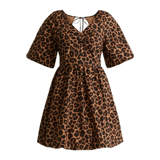 Time And Tru Women's Tie Back Cotton Mini Dress with Puff Sleeves, Sizes XS-XXXL | Walmart (US)