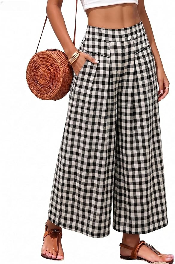 Athlisan Womens Summer Gingham Plaid Culottes Pants Elastic Waist Wide Leg Capri Pants Palazzo Tr... | Amazon (US)