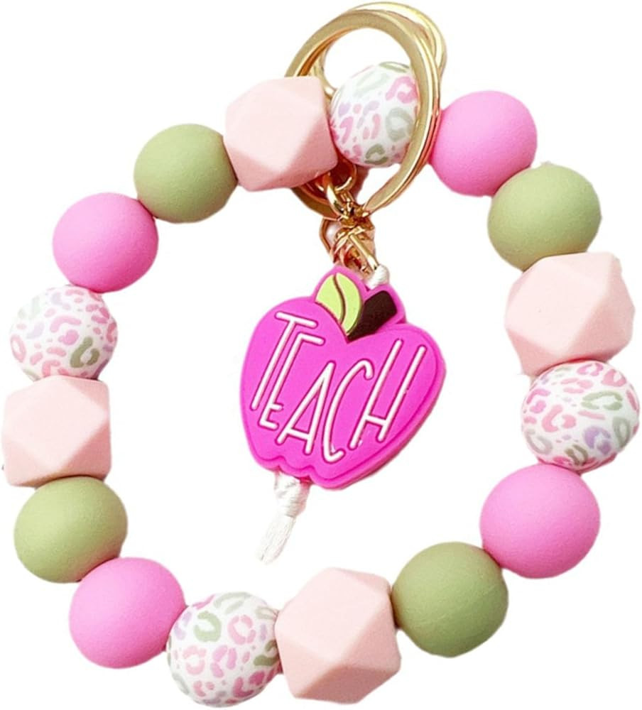 Wristlet Bracelet Keychain for Teacher's Day, Apple TEACH Silicone Beaded Keychain for Teacher,Gi... | Amazon (US)