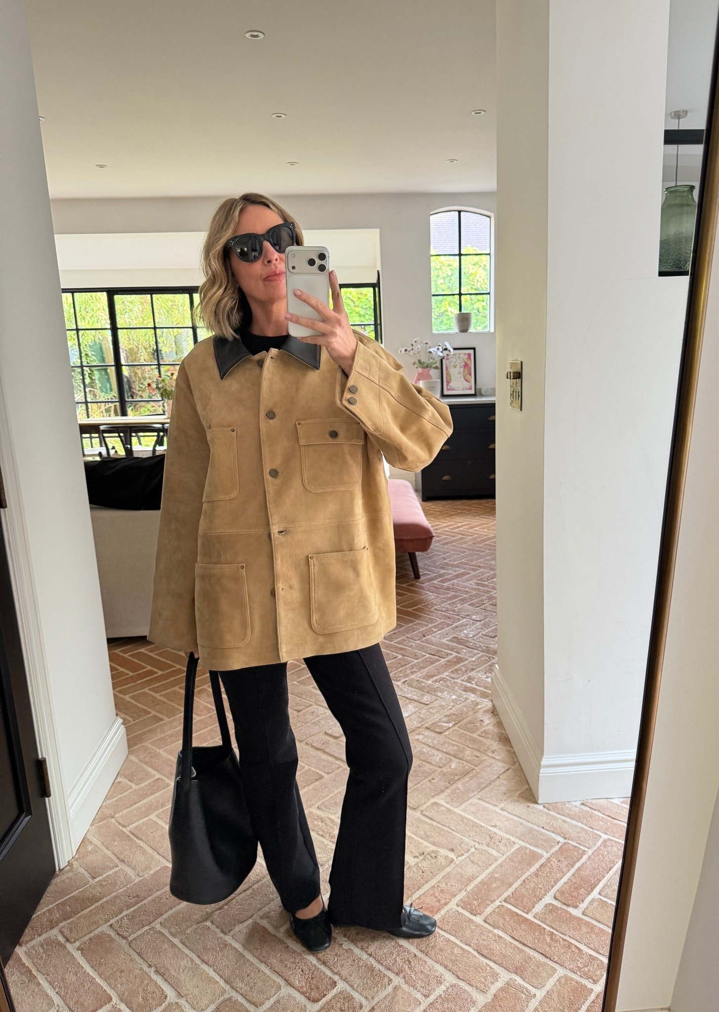 🤍

suede chore jacket, contrast collar jacket, patch pocket jacket, black flared trousers, black bucket bag, black ballet flats, black cat eye sunglasses, casual chic outfit, off duty style, autumn transitional dressing, elevated basics, quiet luxury, neutral color palette, monochrome styling, mirror selfie ootd, ltkstyletip, ltkseasonal, ltkfindsunder100, ltkitbag