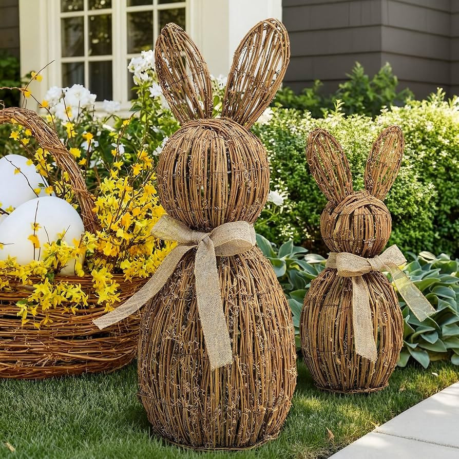 Yerliker 2 Pcs Rattan Woven Easter Bunny Decor Outdoor with Bow 28'' 19'' Farmhouse Rabbit Easter... | Amazon (US)