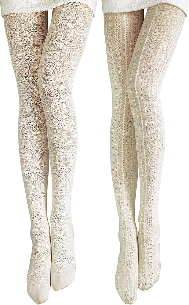 Jiuguva 2/4 Pairs White Lace Tight Hollow out Knitted Patterned Tight for Women Lace Heart Stocki... | Amazon (US)